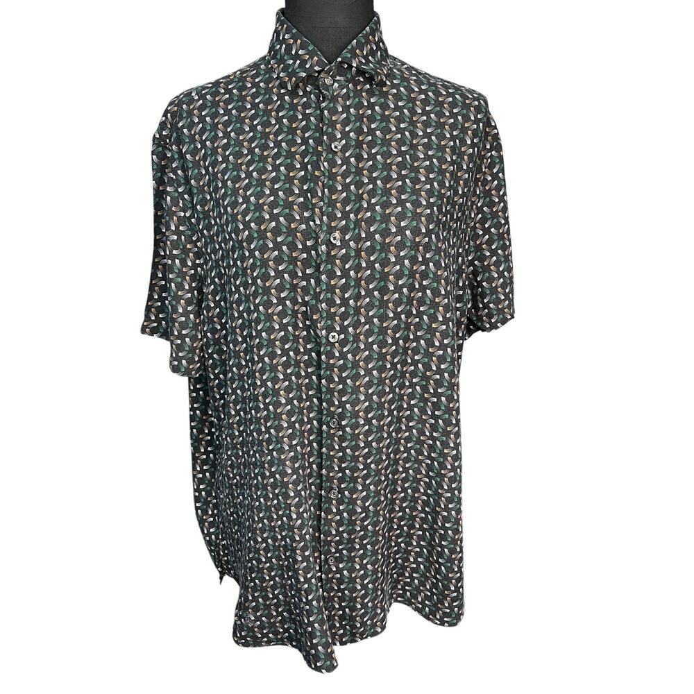Mango MNG Slim Fit Button Up Shirt Men L Black Geometric Print Short Sleeve - Picture 2 of 3
